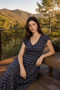 Plaid Smocked Tiered Midi Dress- Navy