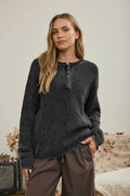 Washed Ribbed Henley Sweater- Charcoal