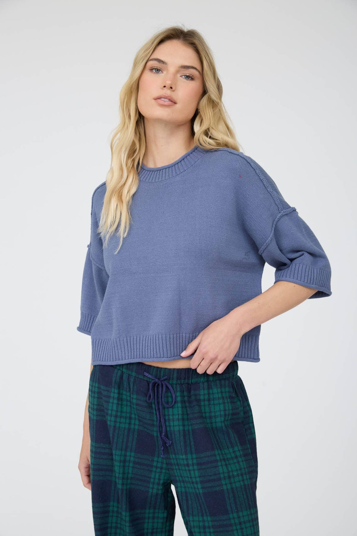Exposed Seam Short Sleeve Sweater- Denim