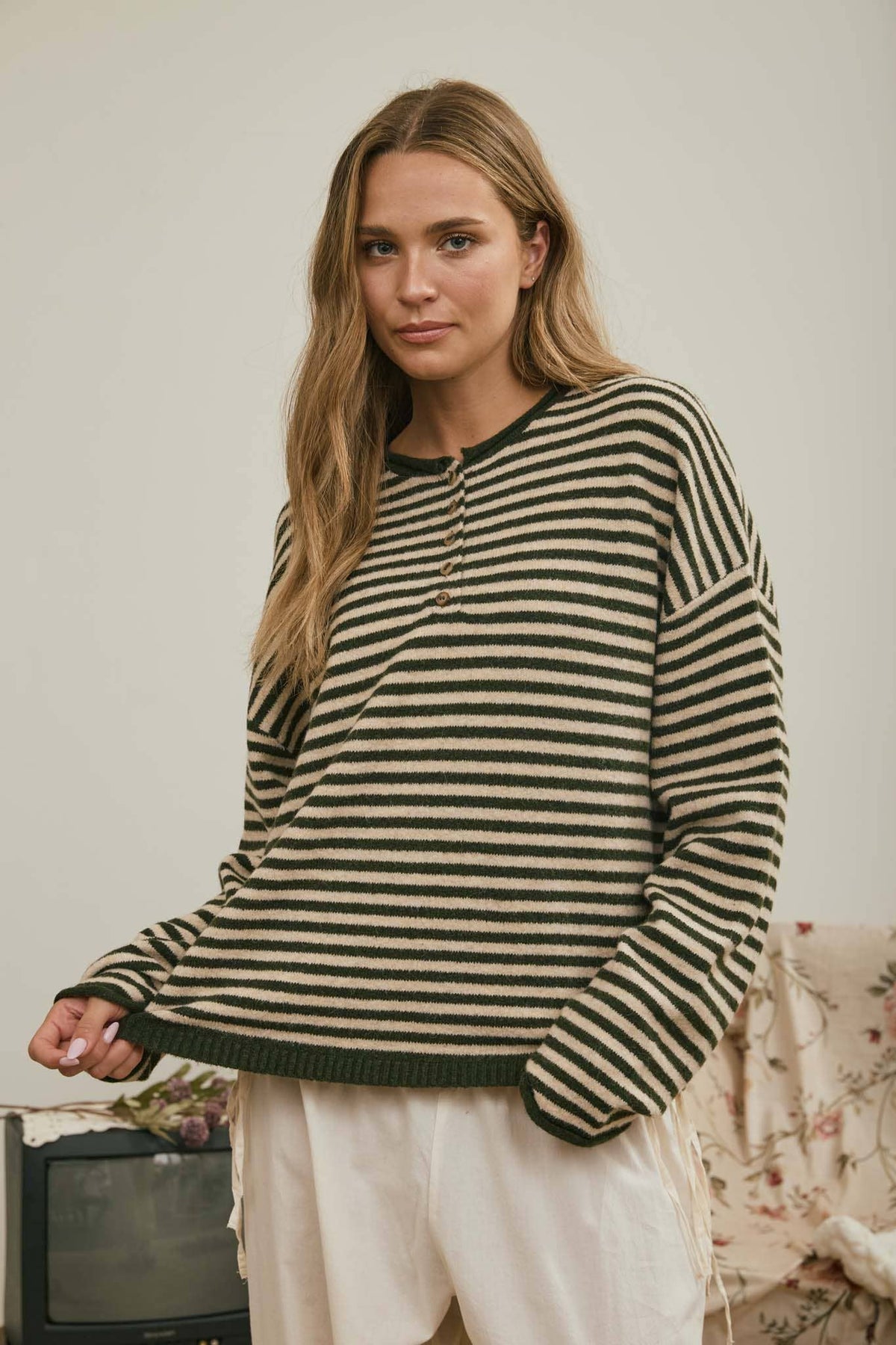 Striped Henley Sweater- Olive