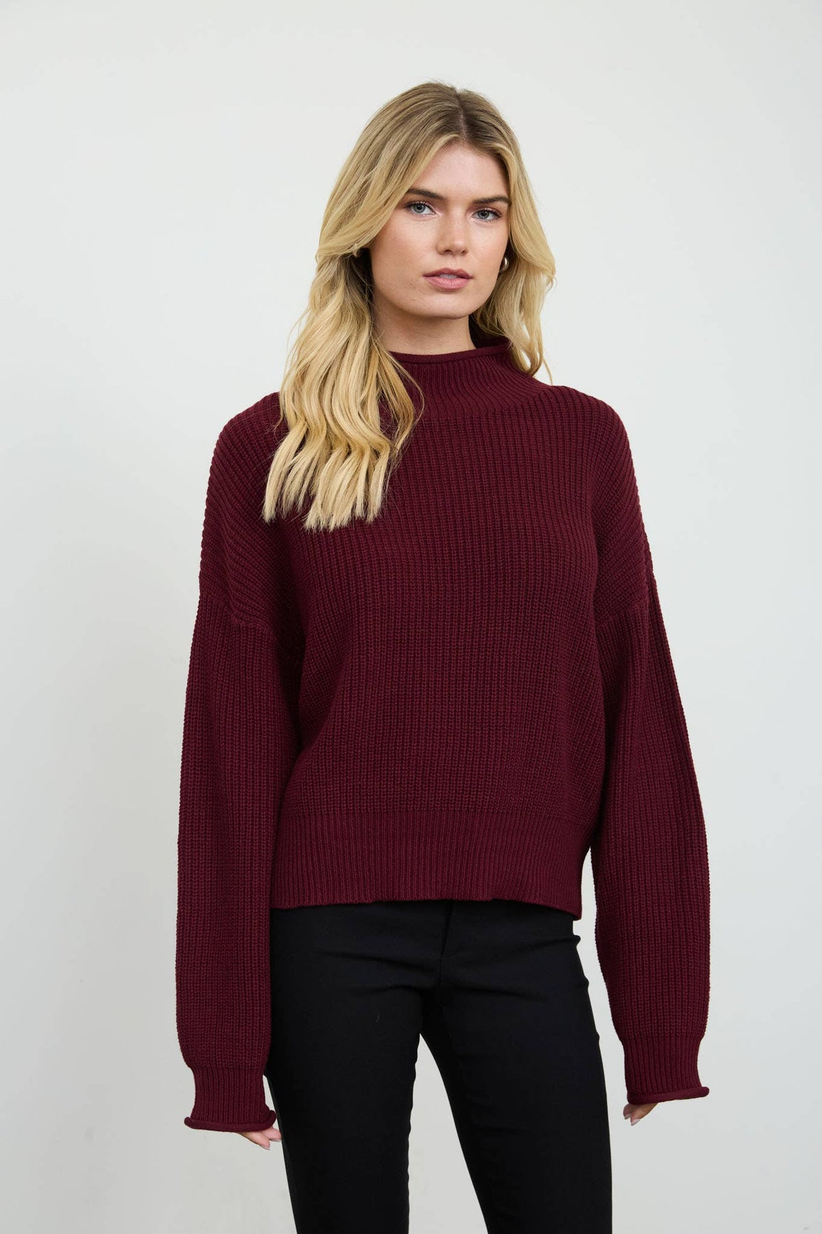Ribbed Mock Neck Cropped Sweater- Burgundy
