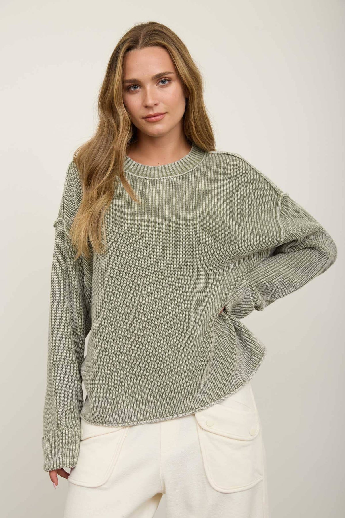 Washed Ribbed Folded Cuff Sweater- Light Olive