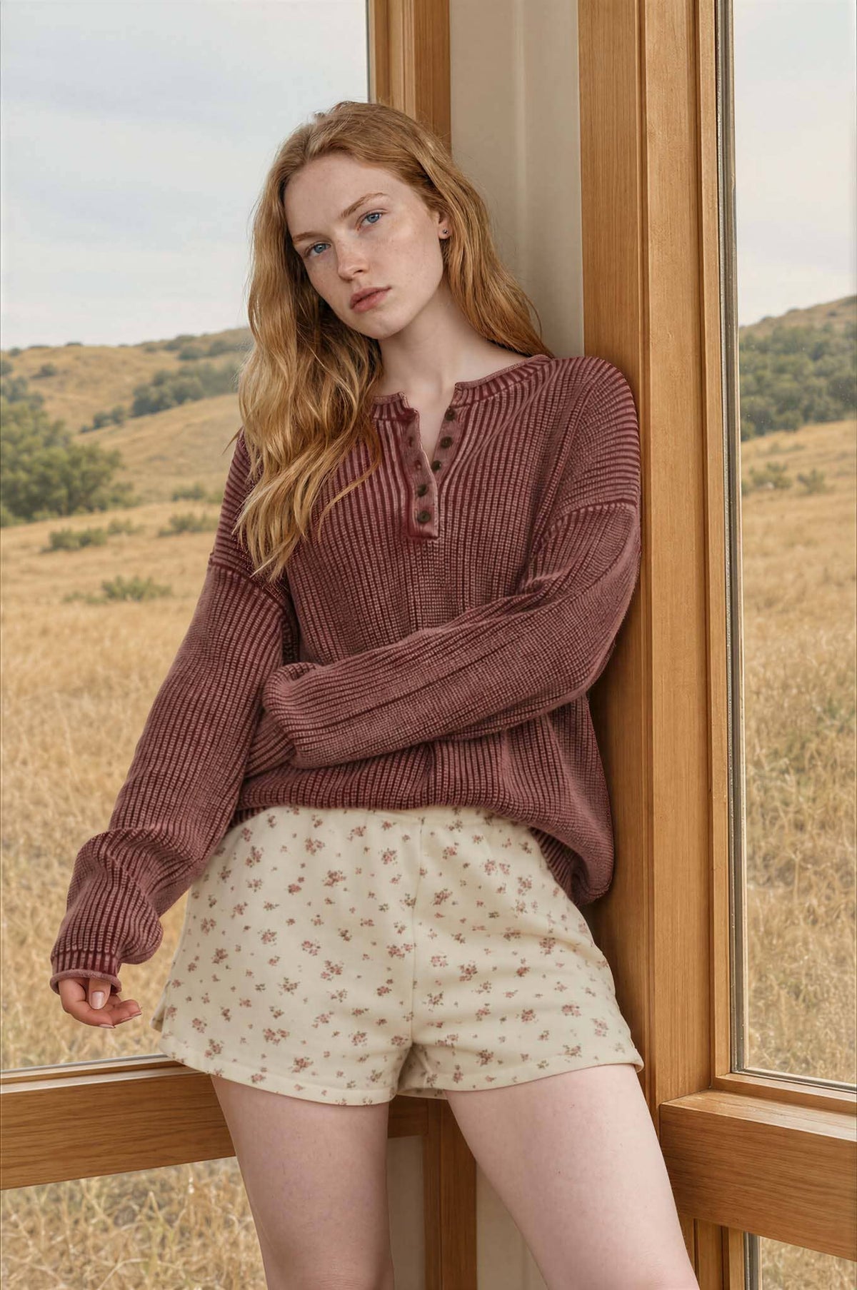 Washed Ribbed Henley Sweater- Burgundy