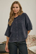 Washed Ribbed Short Sleeve Cardigan- Navy