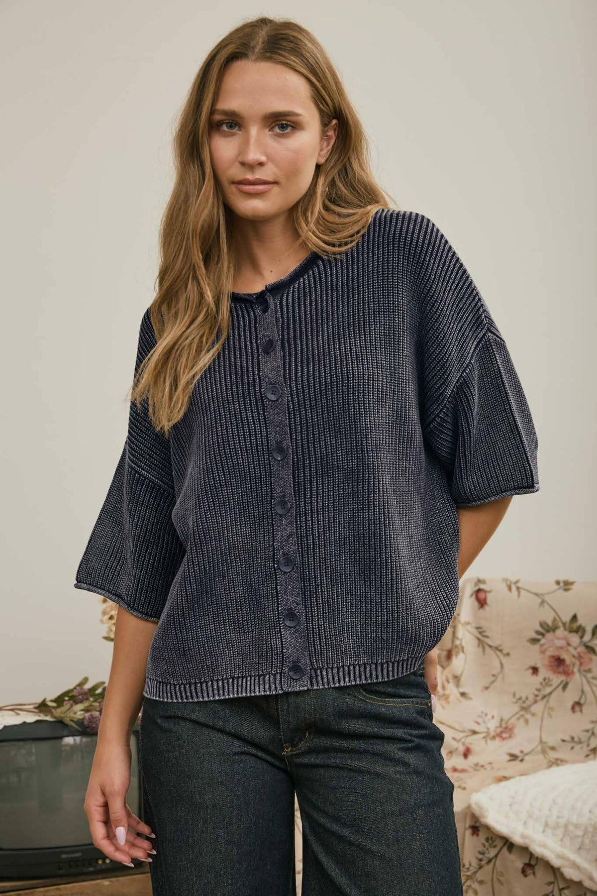 Washed Ribbed Short Sleeve Cardigan- Navy