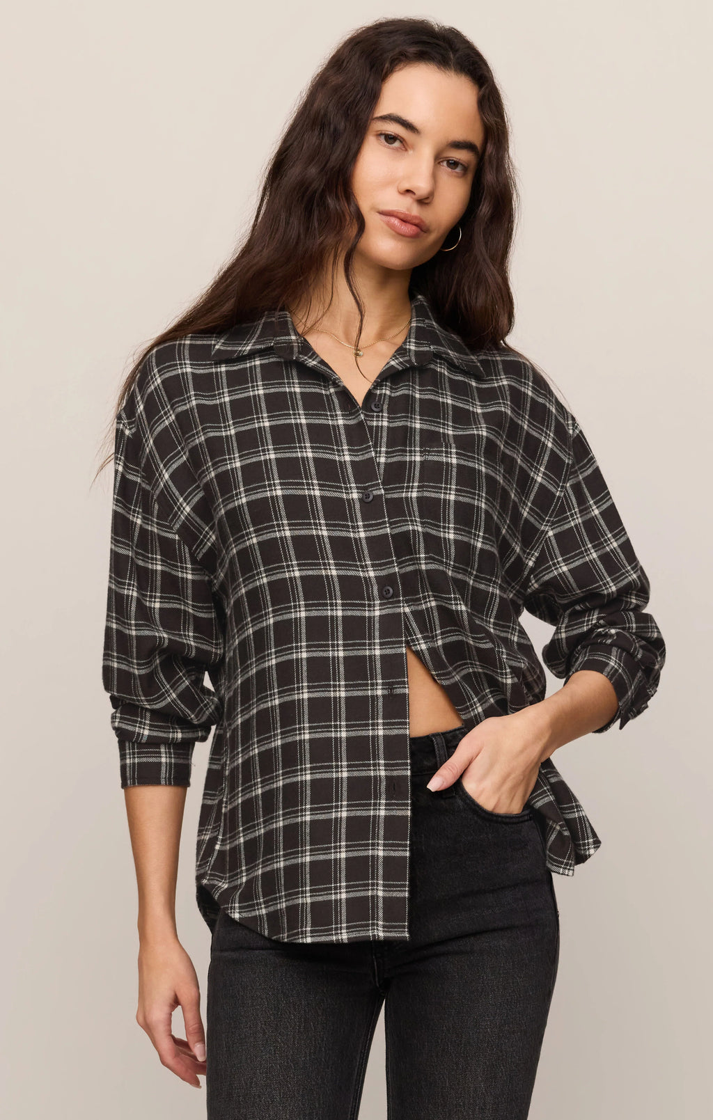 River Plaid Button Up- Ash Black
