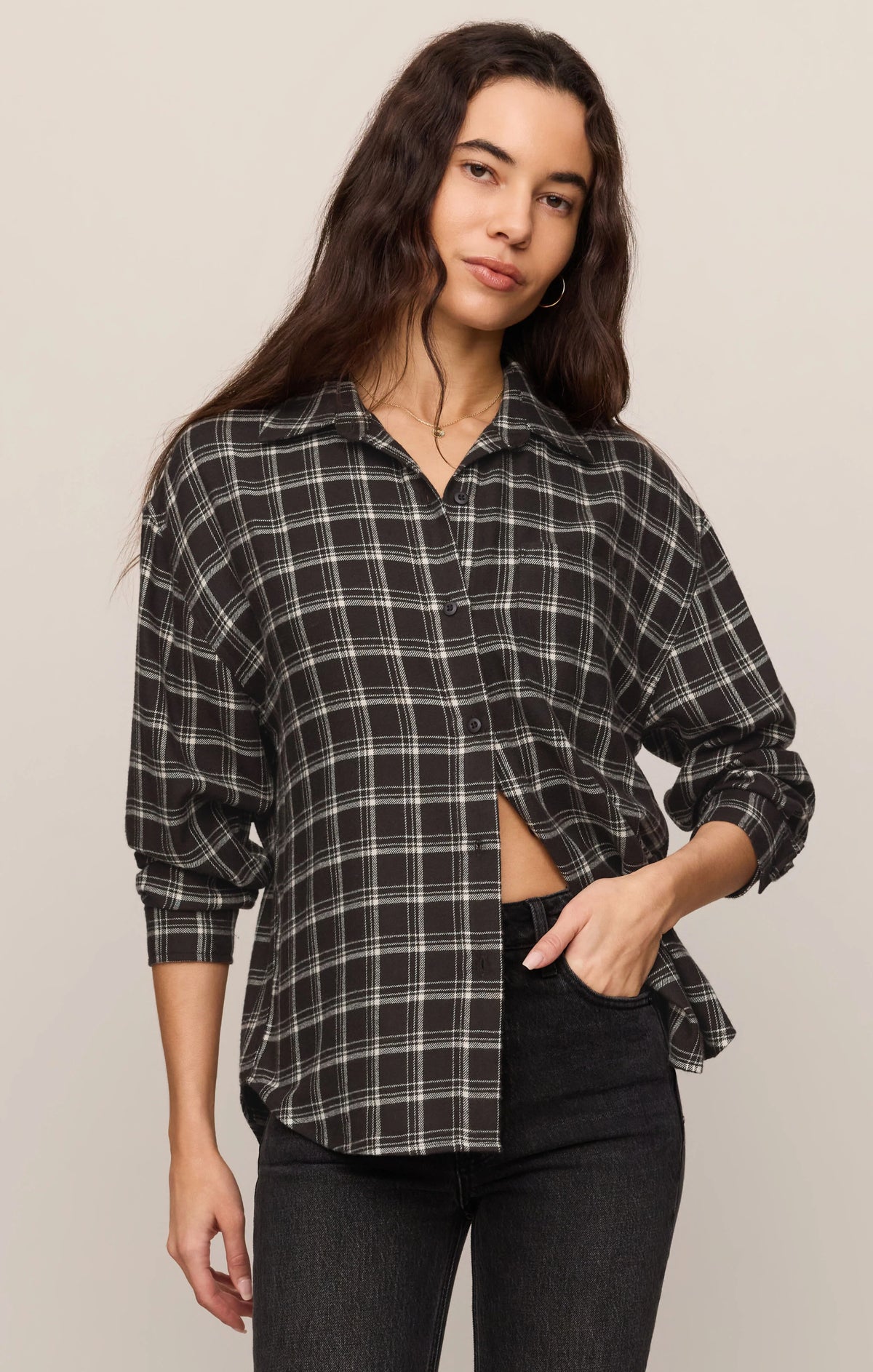 River Plaid Button Up- Ash Black