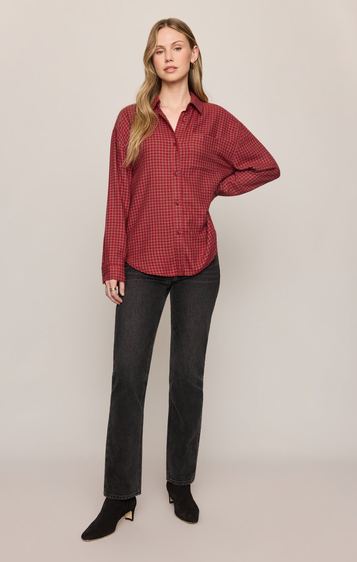 River Plaid Button Up- Red Dahlia