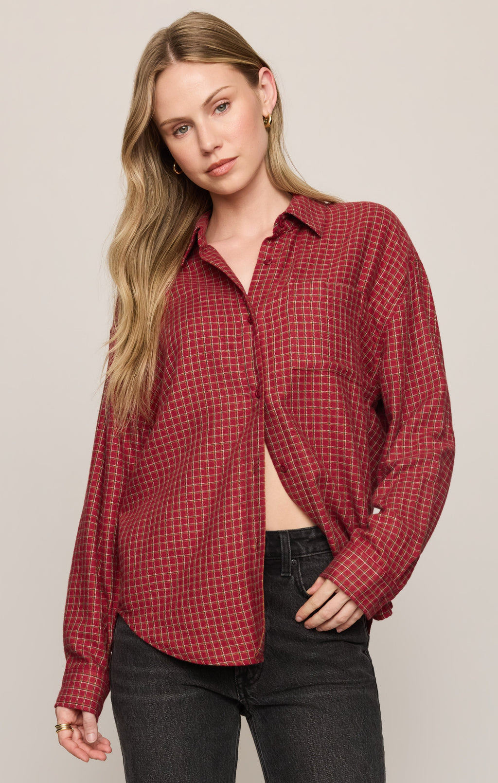 River Plaid Button Up- Red Dahlia