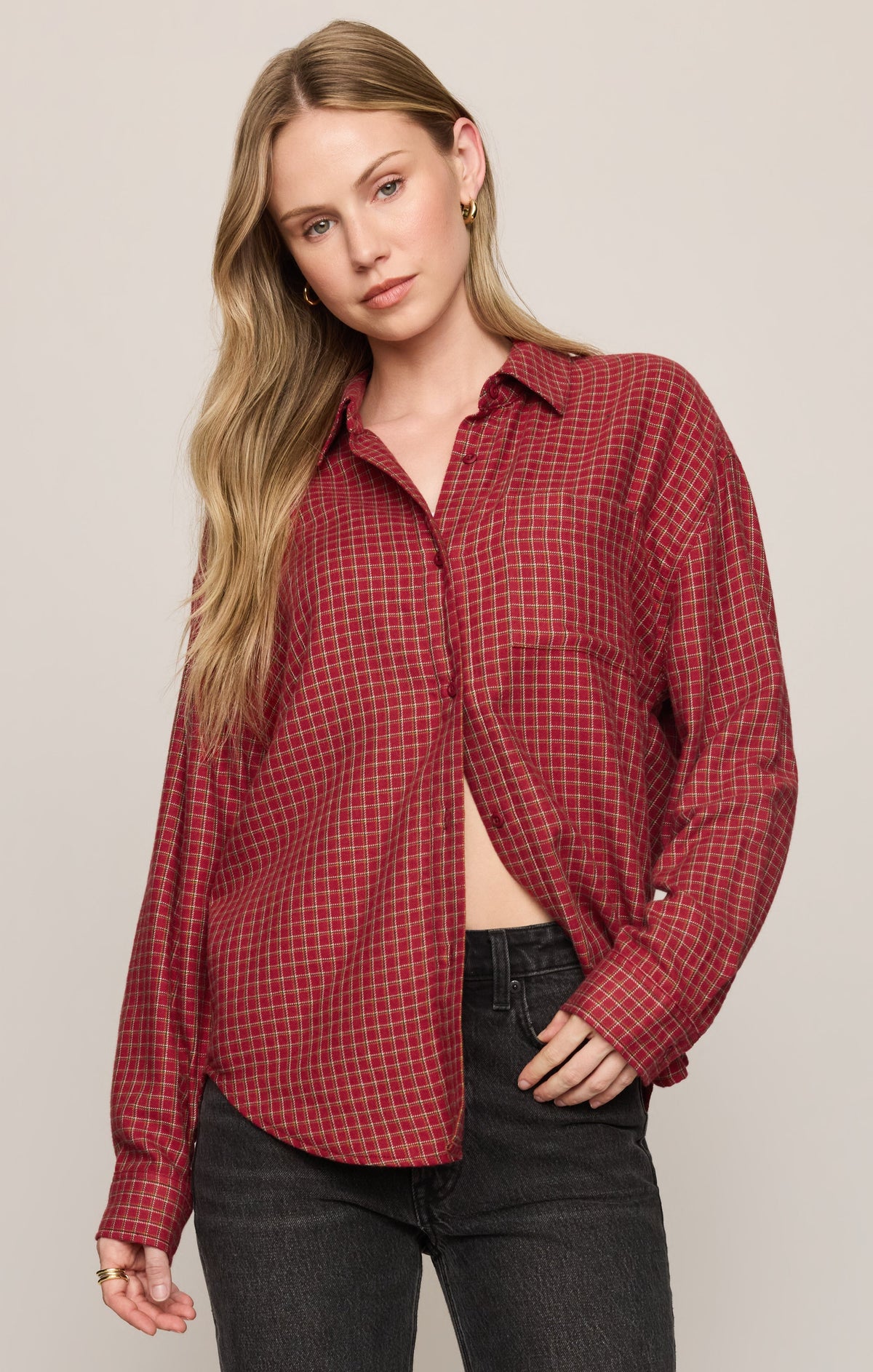 River Plaid Button Up- Red Dahlia