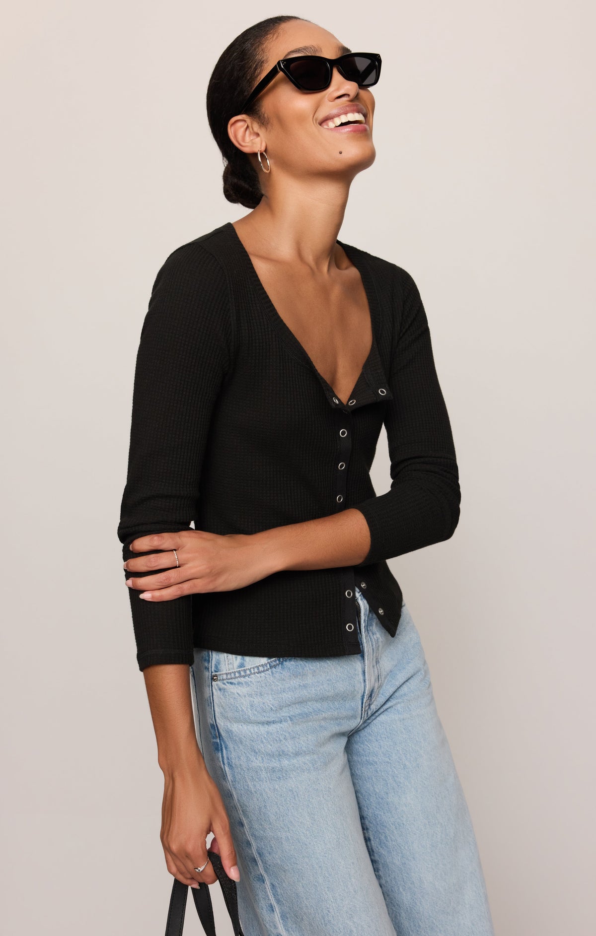 Albany Waffle Snap Front Top- Black