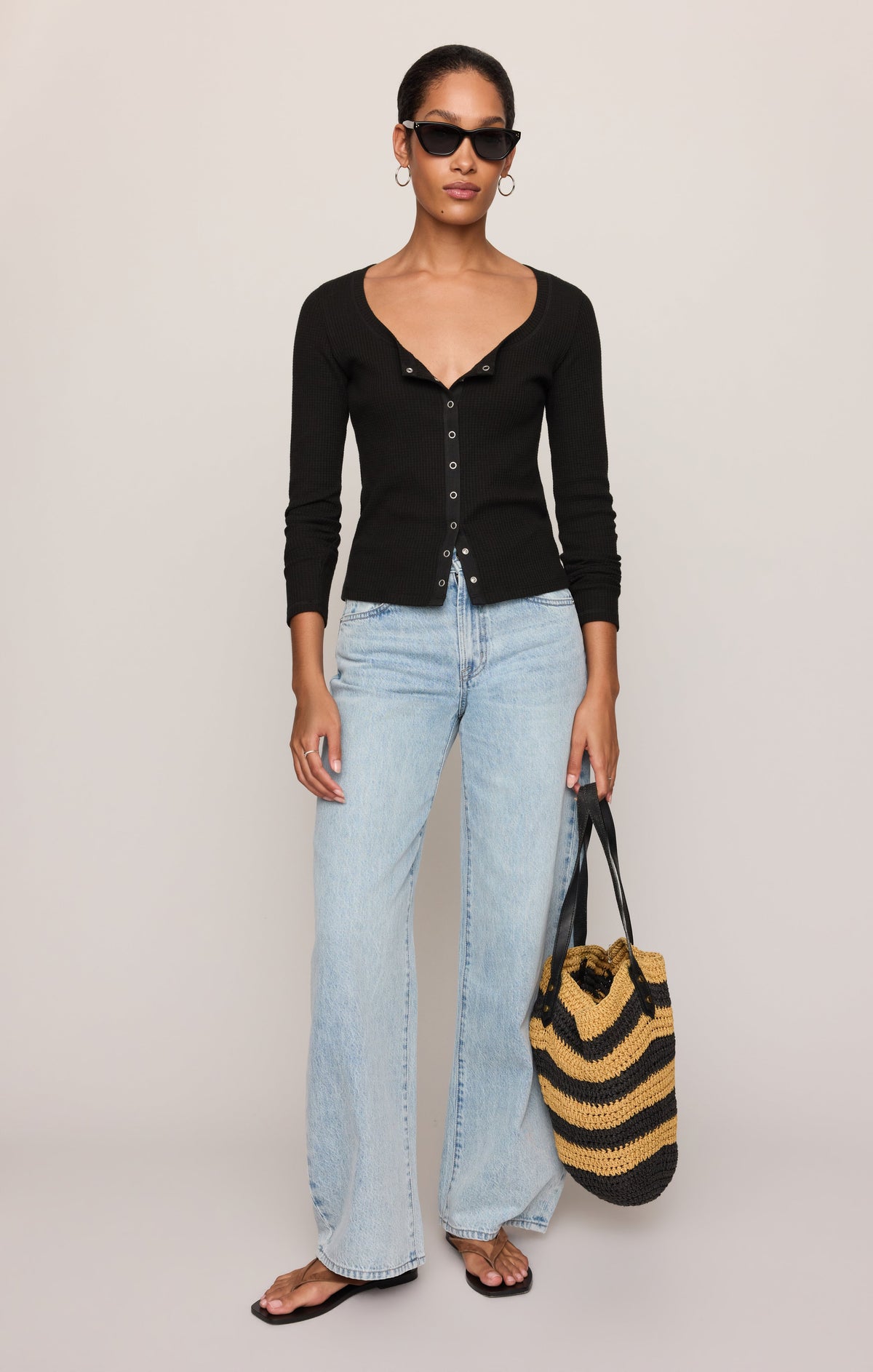 Albany Waffle Snap Front Top- Black