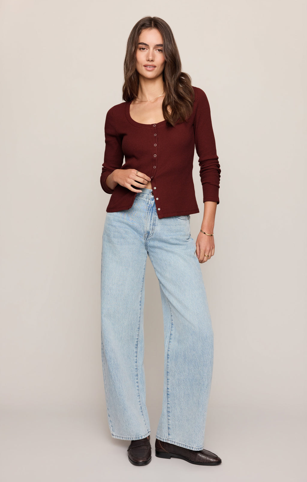 Albany Waffle Snap Front Top- Velvet Rouge