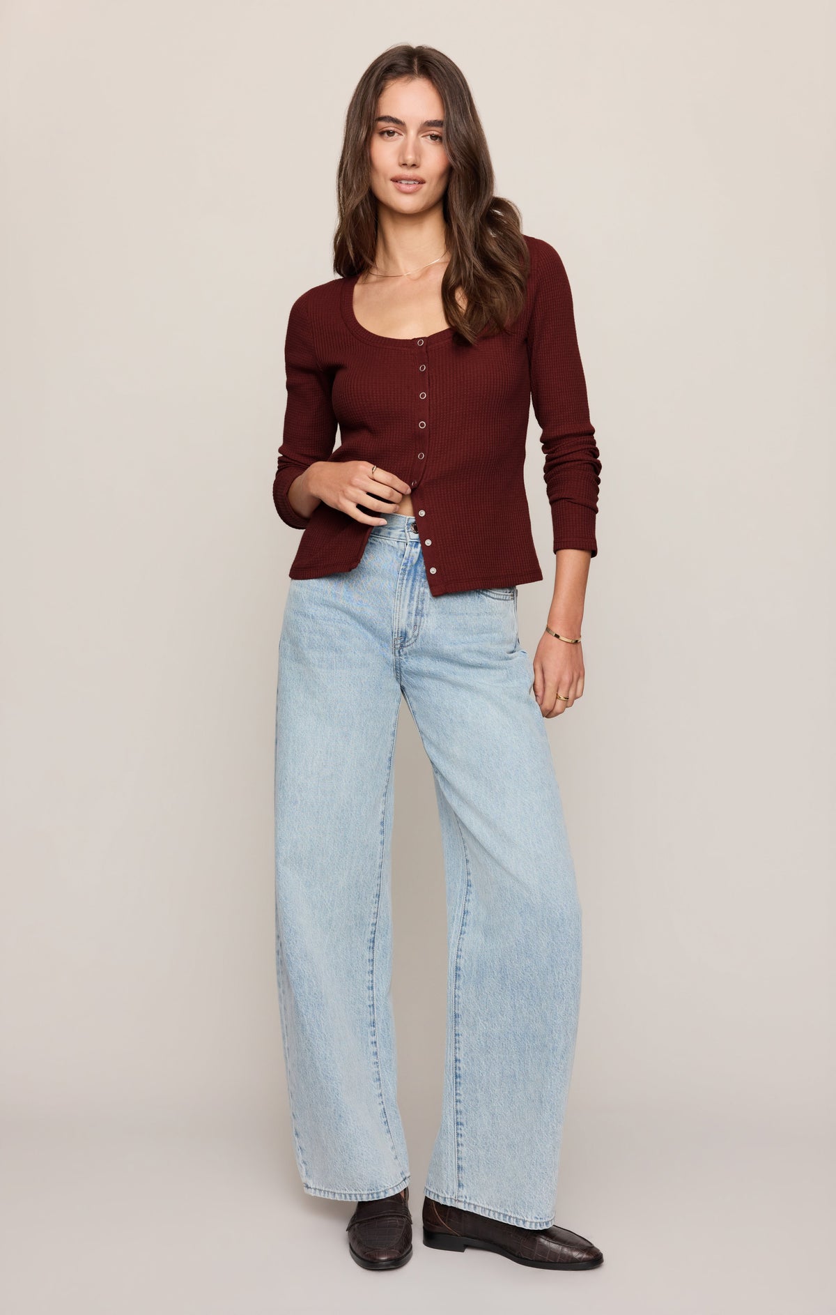 Albany Waffle Snap Front Top- Velvet Rouge