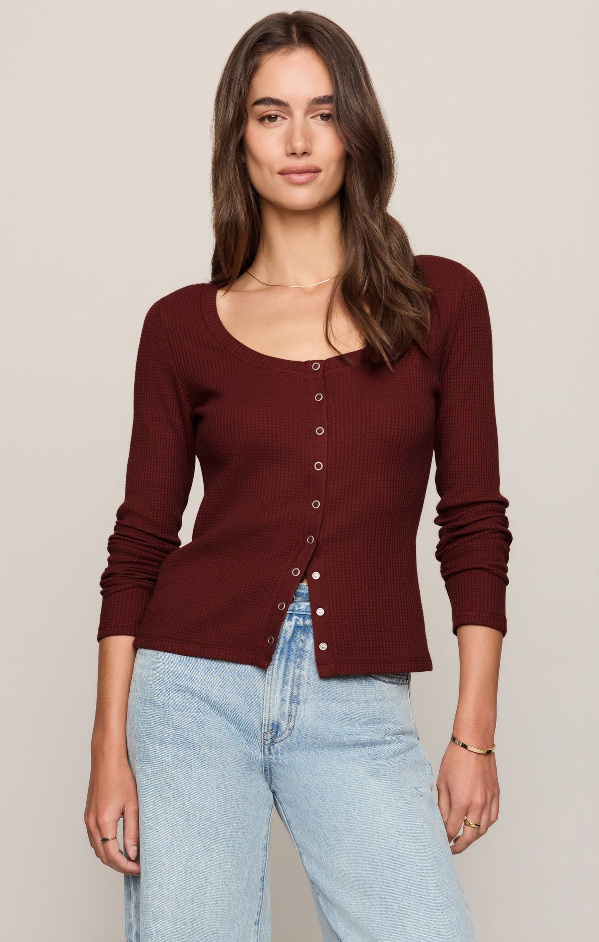Albany Waffle Snap Front Top- Velvet Rouge