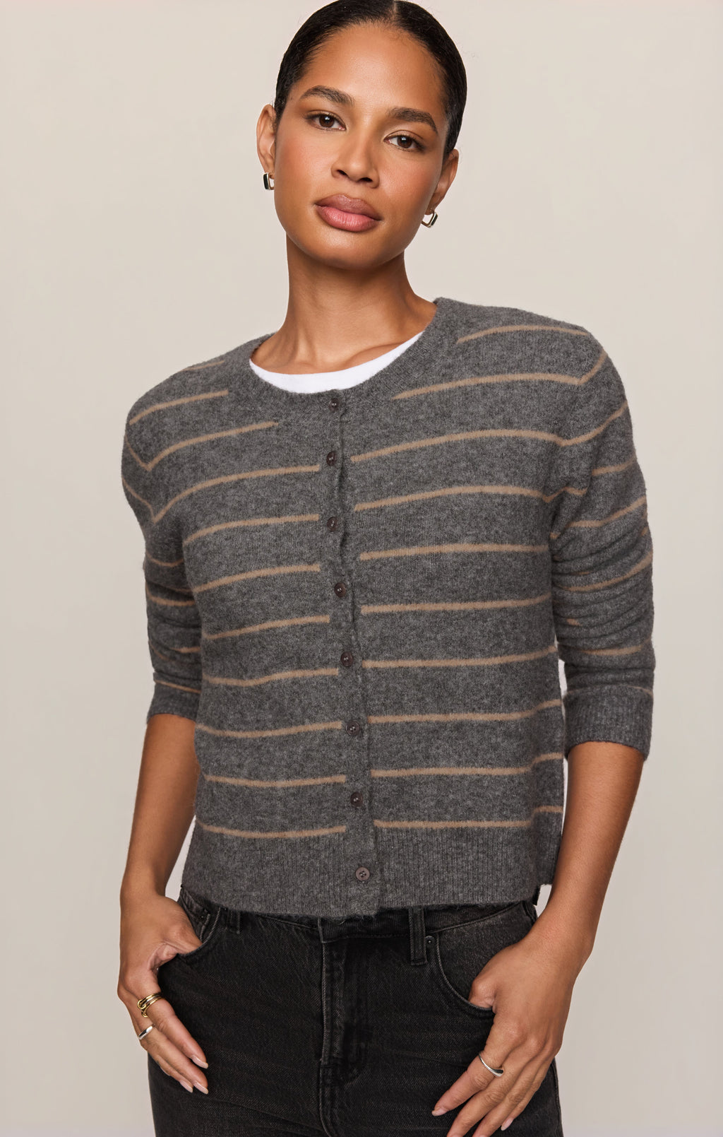 Medina Cozy Stripe Cardigan- Charcoal Heather
