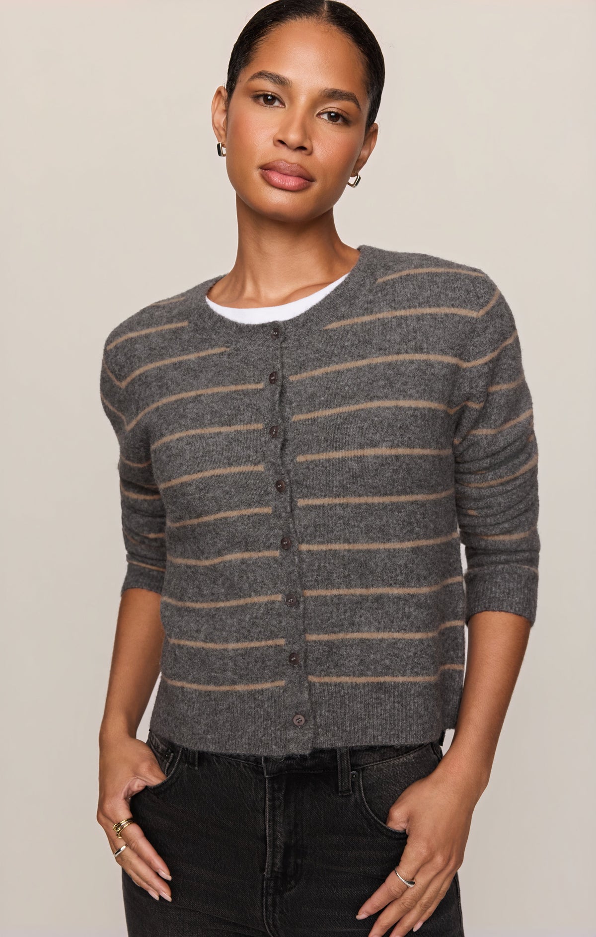 Medina Cozy Stripe Cardigan- Charcoal Heather