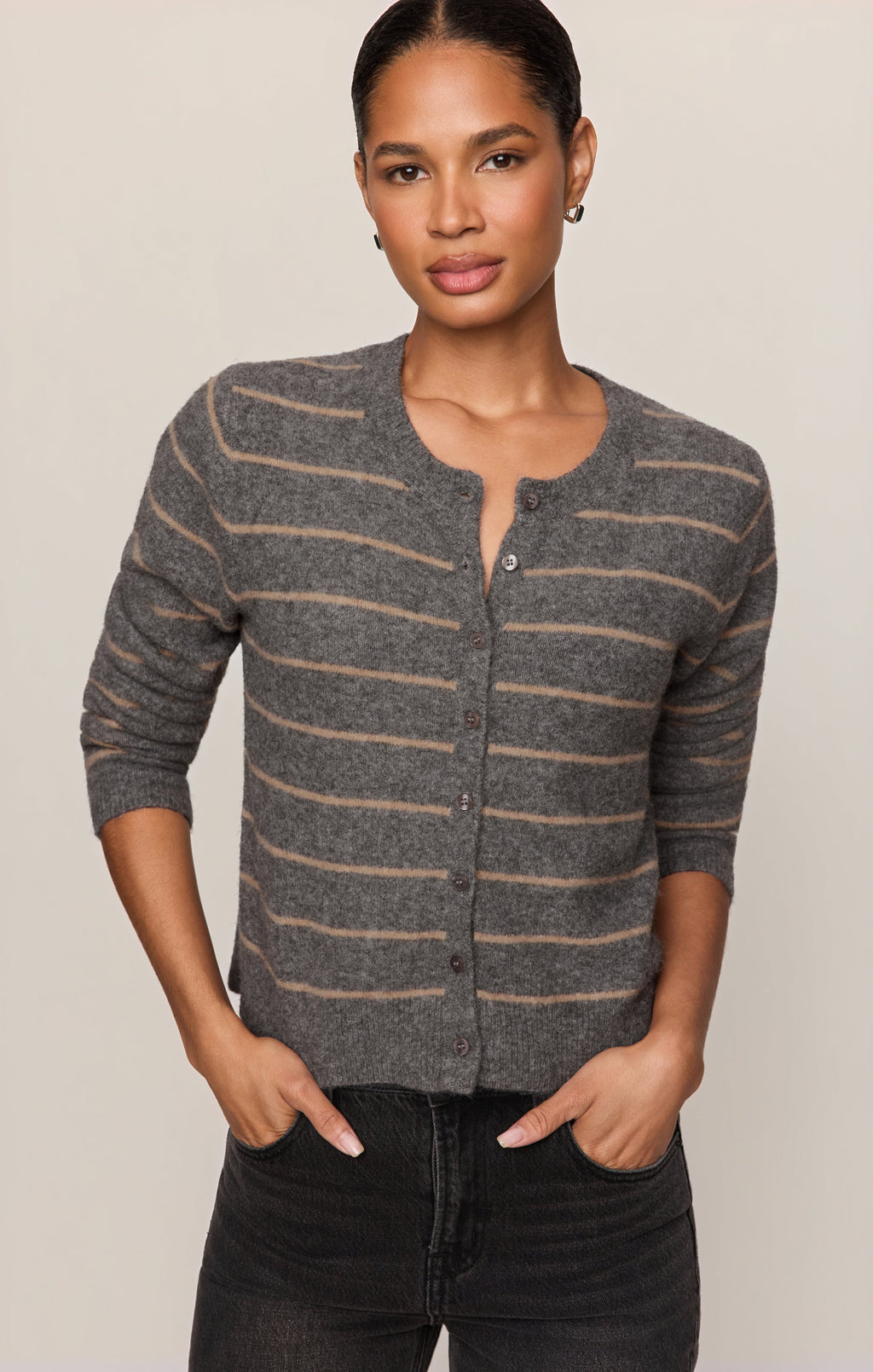 Medina Cozy Stripe Cardigan- Charcoal Heather