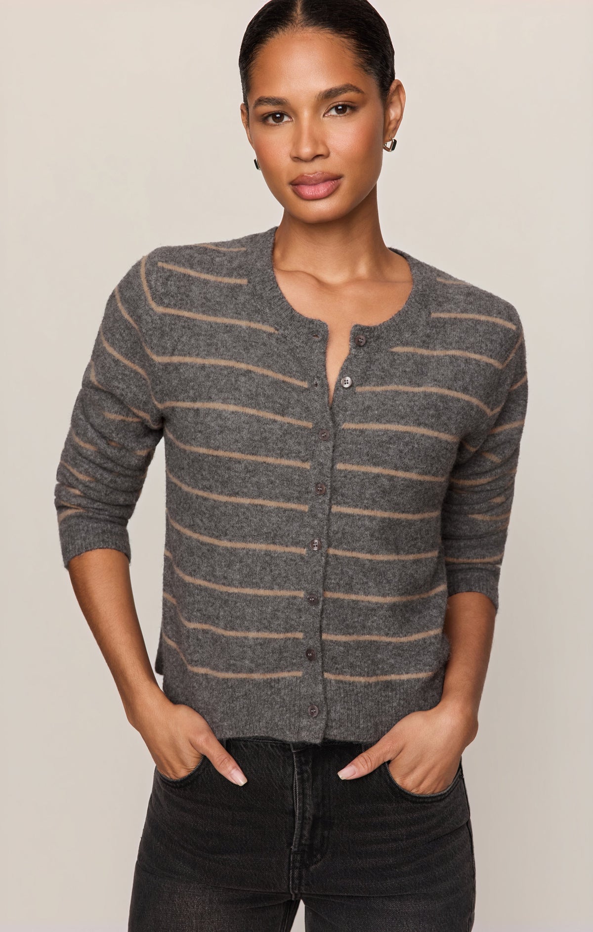 Medina Cozy Stripe Cardigan- Charcoal Heather