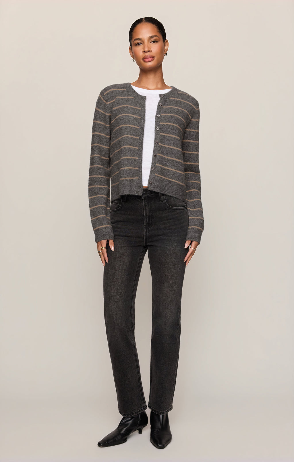 Medina Cozy Stripe Cardigan- Charcoal Heather