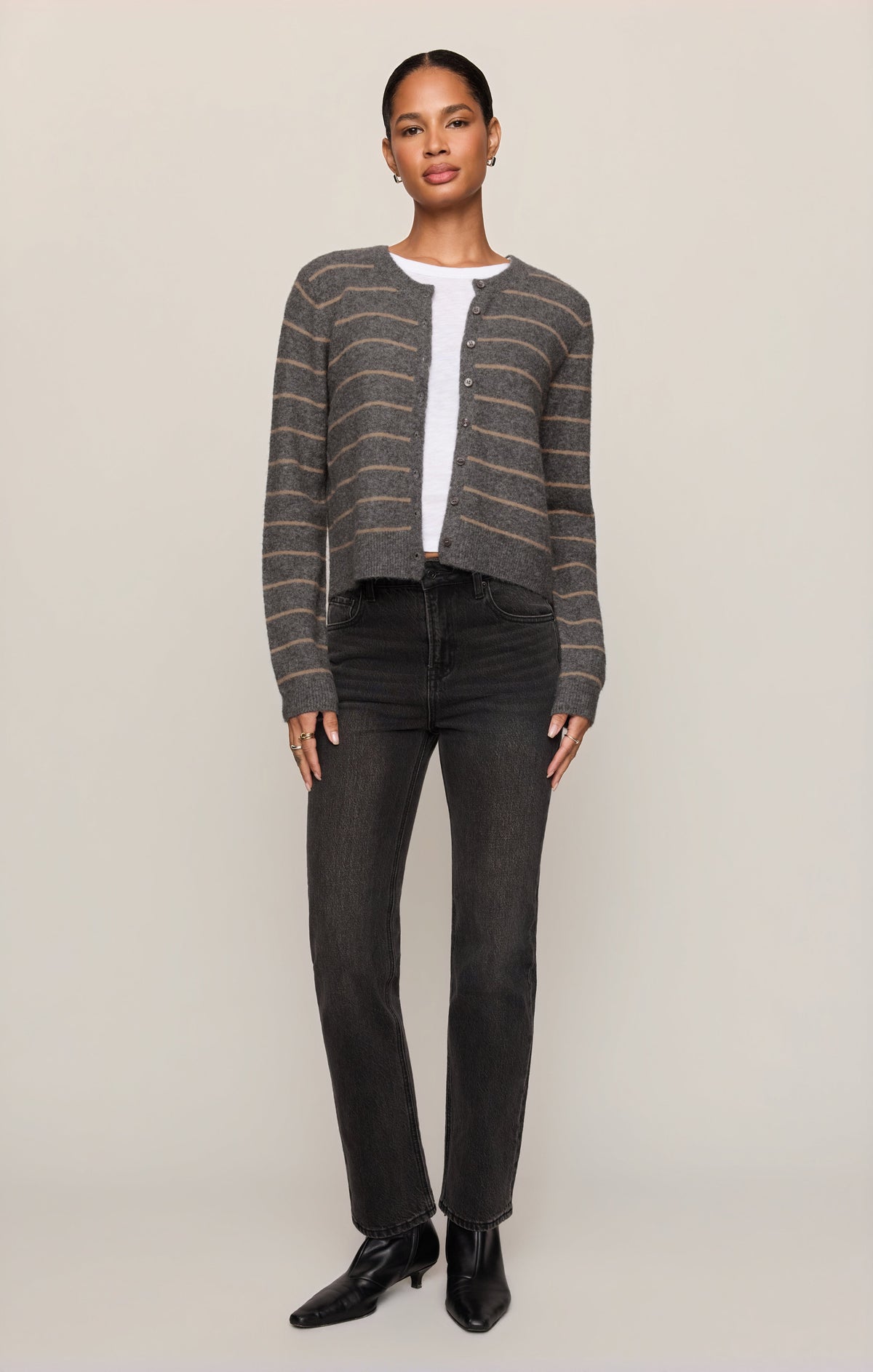 Medina Cozy Stripe Cardigan- Charcoal Heather