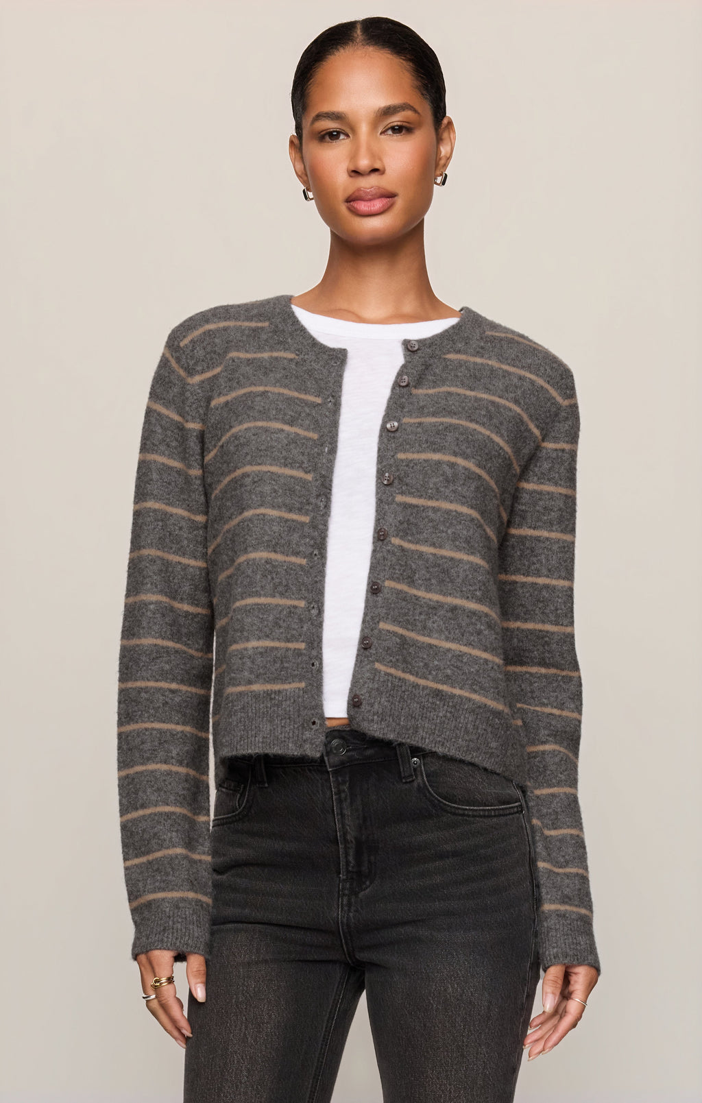 Medina Cozy Stripe Cardigan- Charcoal Heather