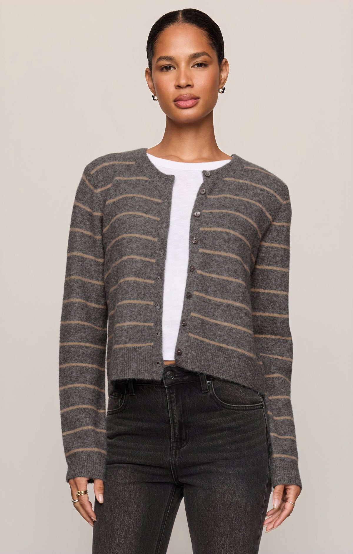 Medina Cozy Stripe Cardigan- Charcoal Heather