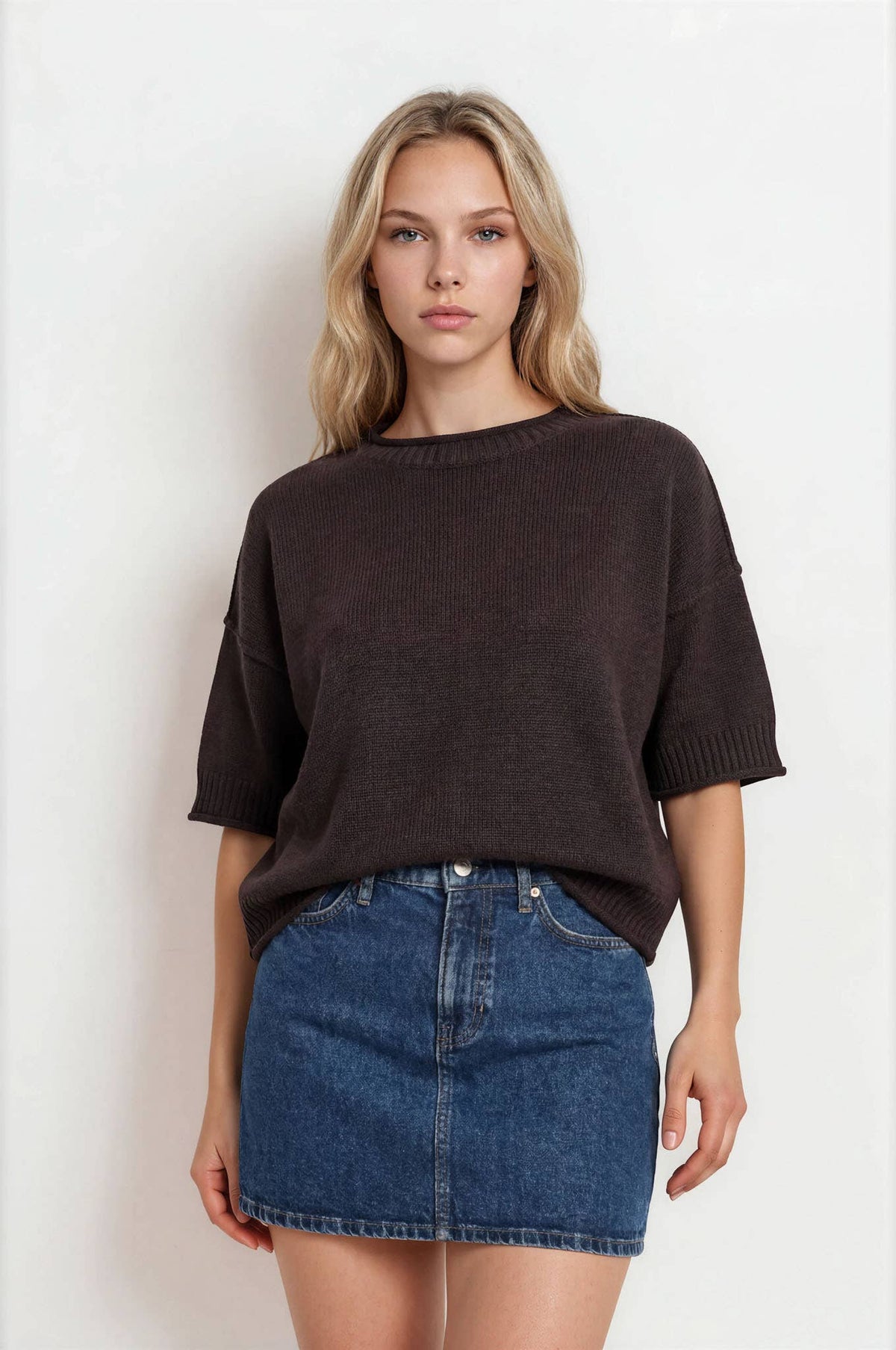 Exposed Seam Short Sleeve Sweater- Chocolate Brown
